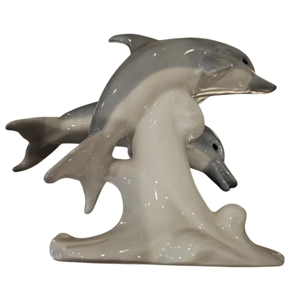 Otagiri Porcelain Gray Dolphins White Wave Figurine Figure Made in Japan Vintage
